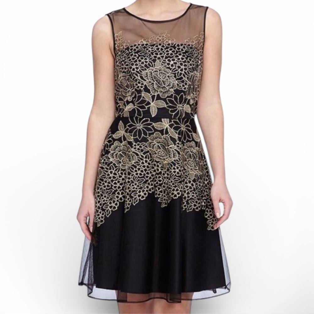 TAHARI ASL Black Sheer Mesh Metallic Cocktail Dress Romantic Goth Ballet Size 6P